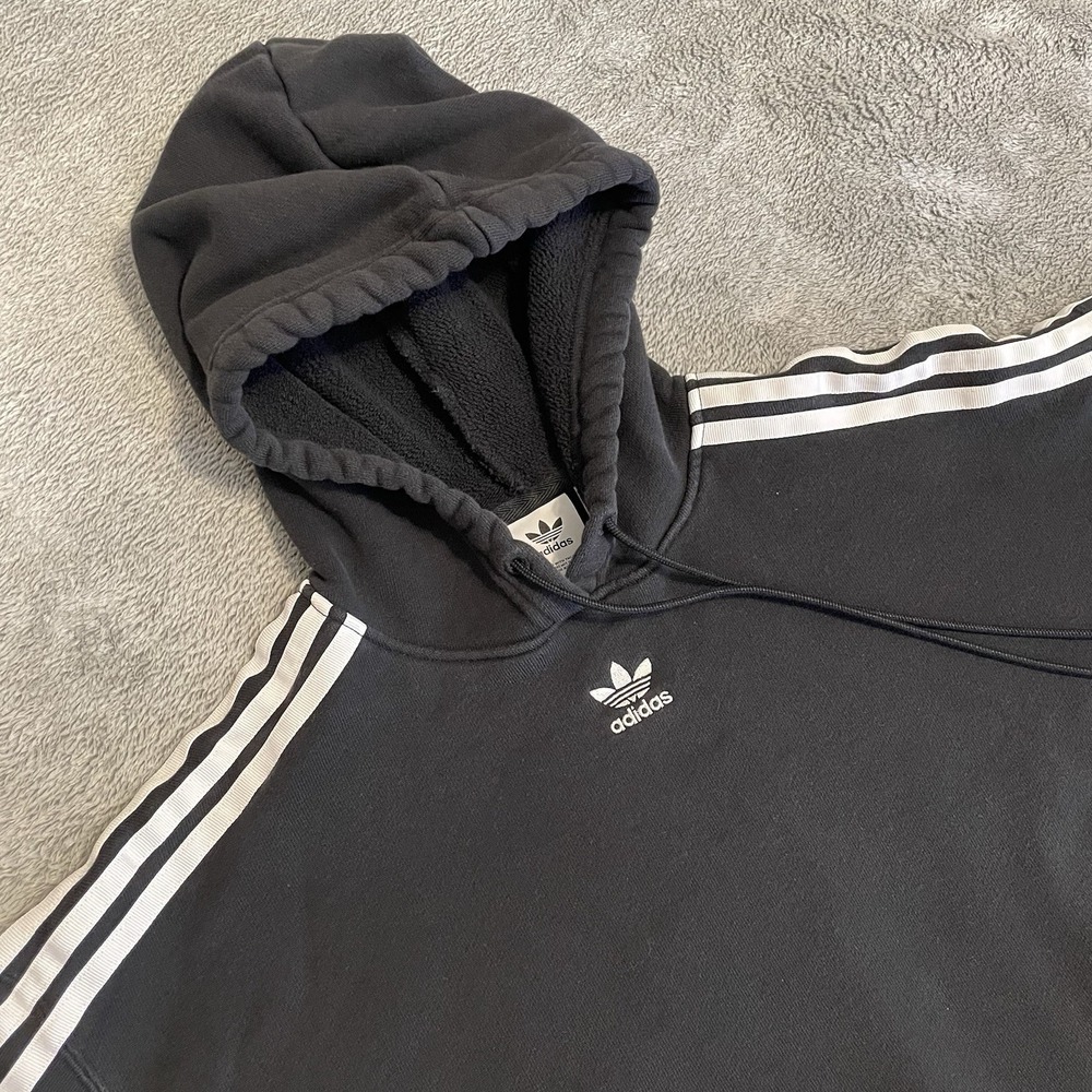 Adidas Hoodie Women's XS Black Three Stripe Sleeve Cropped Pullover Activewear - Picture 6 of 8